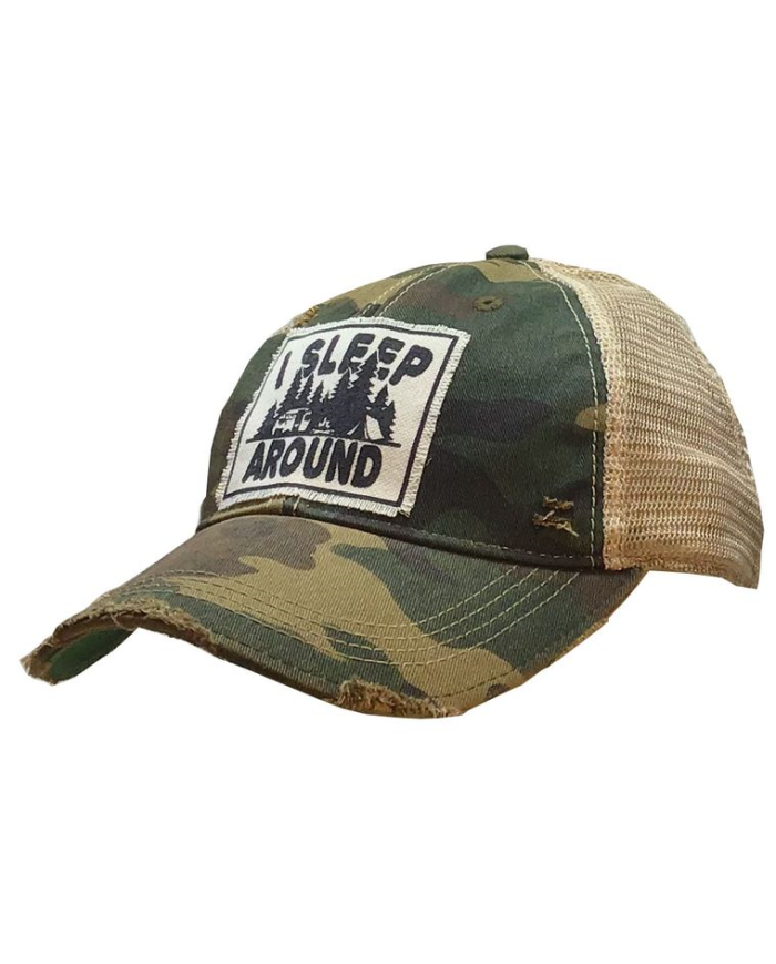 "I Sleep Around" Distressed Trucker Hat