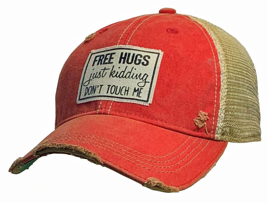 "Free Hugs Just Kidding Don't Touch Me" Distressed Trucker Hat